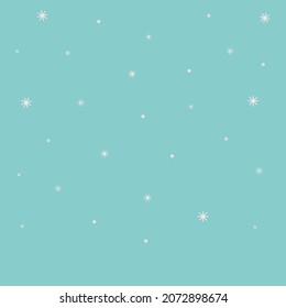 Desde el cielo caen copos de nieve blancos. Nevada. Ilustración vectorial. Fondo verde aislado. Ornamento de invierno. Bolas blancas esponjosas y copos de nieve intrincados. 
