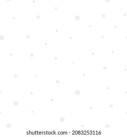 Snow-white snowflakes are falling from the sky. Snowfall. Seamless vector pattern. Fluffy white balls and intricate snowflakes. An endlessly repeating ornament. Isolated colorless background. 