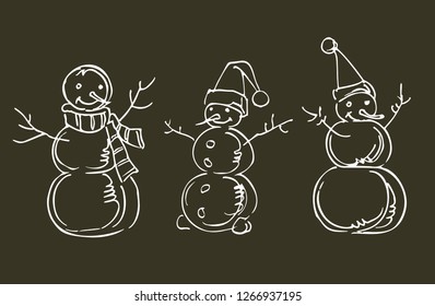snow-white snowmen on a dark background white line hand-drawn sketch
