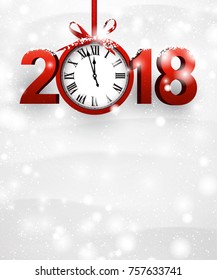 Snowy 2018 Año Nuevo con reloj rojo. Ilustración vectorial.