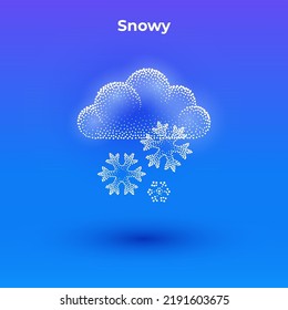 Snowy 3d icon with transparent effect. Halftone weather simple icon with minimalistic cloud and snowflakes shape.  Dots textured cloud and snow illustration.