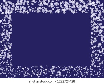 Snowy abstract background vector illustration. Merry Christmas snow square frame original banner template. Snow confetti on blue texture holiday element for your design. Snowflakes texture