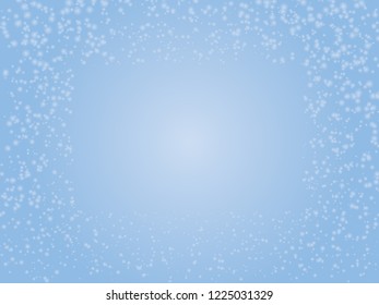 Snowy abstract background vector illustration. Merry Christmas snow square frame original banner template. Snow confetti on blue texture holiday element for your design. Snowflakes texture