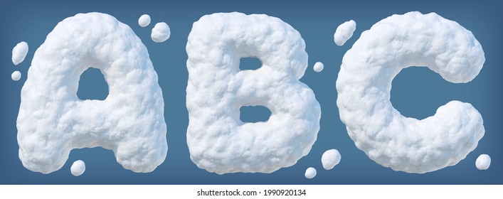 Snowy alphabet with letters A, B, C. Letters made of snow. Winter font on blue background. Vector illustration