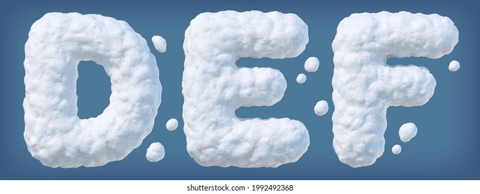 Snowy alphabet with letters D, E, F. Lettes made of snow. Winter font on blue background. Vector illustration