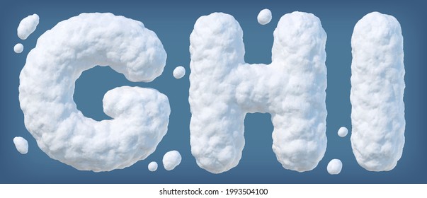 Snowy alphabet with letters G, H, I. Lettes made of snow. Winter font on blue background. Vector illustration