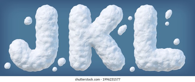 Snowy alphabet with letters J, K, L. Lettes made of snow. Winter font on blue background. Vector illustration