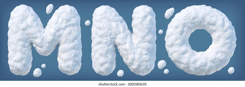 Snowy alphabet with letters M, N, O. Lettes made of snow. Winter font on blue background. Vector illustration