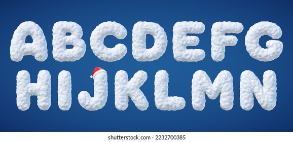 Snowy alphabet. Letters made of snow. Winter font isolated on blue background. Vector illustration