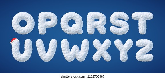 Snowy alphabet. Letters made of snow. Winter font isolated on blue background. Vector illustration