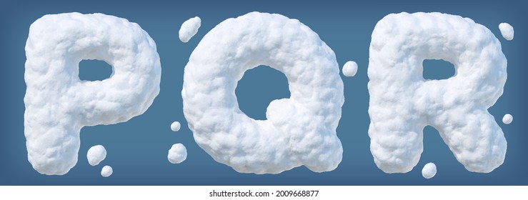 Snowy alphabet with letters P, Q, R. Lettes made of snow. Winter font on blue background. Vector illustration