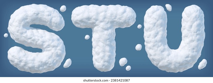 Snowy alphabet with letters S, T, U. Letters made of snow. Winter font on blue background. Vector illustration