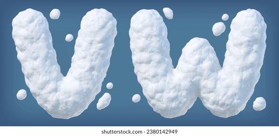 Alfabeto nevado con letras V, W. Letras hechas de nieve. Fuente de invierno con fondo azul. Ilustración del vector