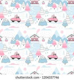 Snowy Alpine Winter Landscape with Fir trees, Mountains, Chalet and Car. Ski trip. Vector Seamless pattern drawn in cute doodle style in pastel blue and pink palette. Perfect for girl-like design