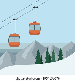 A snowy background with bluish snow in the foreground, damp mountains, green trees and orange travel carriages holding the horses in the background.