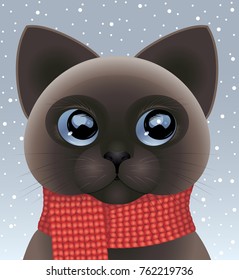 Snowy  background with little cat wearing red scarf. Vector illustration.