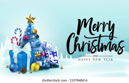 Snowy Background with Merry Christmas and Happy New Year Message Typography Lettering Text in Blue Background with Candy Canes