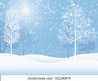 Snowy background with trees which brings atmosphere of Christmas and winter holidays