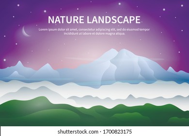 Schneegroße Berge mit weißem bewölktem Nebel unter. Landschaft mit Hügeln und Morgenhimmel mit Mond und Stern. Misty Morgen in Berg mit Platz für Text. Vektorgrafik