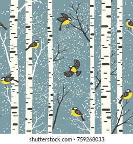 Snowy birch trees and birds on light blue background. Seamless vector pattern. Perfect for fabric, wallpaper, giftwrap or postcard design. 