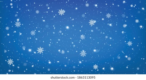 Snowy blue background with falling snowflakes. Christmas winter snowfall with white snow flakes.