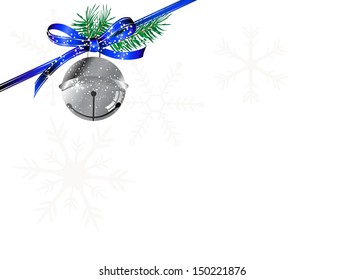 Snowy blue bow, ribbon and jingle bells