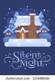 Snowy blue winter village landscape with a house. Silent Night Christmas flat illustration