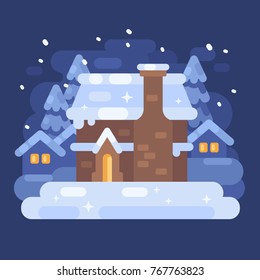 Snowy blue winter village landscape with a house. Christmas flat illustration