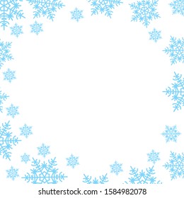 Snowy border pattern. Christmas abstract square frame of blue snowflakes. New year vector festive illustration. Ability to overlay. The margins for the text.Isolated white background.