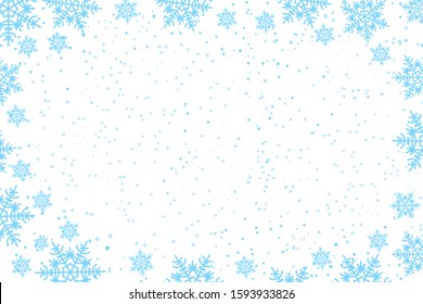 Snowy border pattern. Christmas abstract rectangular frame of blue snowflakes. New year vector festive illustration. Ability to overlay. The margins for the text.