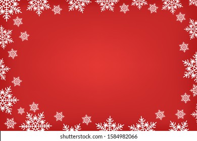 Snowy border pattern on red background. Christmas abstract rectangular frame of white snowflakes. New year vector festive illustration. The margins for the text.