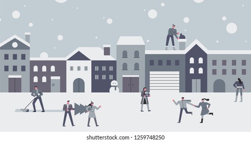 Snowy buildings   fun Christmas people  concept illustration  flat design vector graphic style 