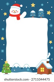 Ilustração de fundo da borda da cabine nevada com árvores e montanhas em uma noite de inverno decorada com bonecos de neve, estrelas e neve