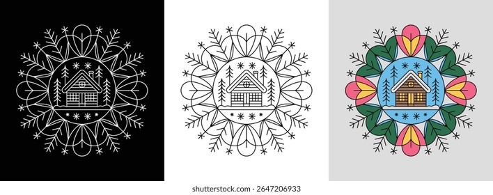 Snowy cabin mandala with trees, snowflakes, and bright winter colors for seasonal decor.