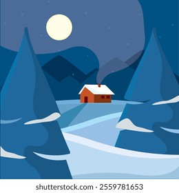 Snowy cabin in pine forest under full moon Vector