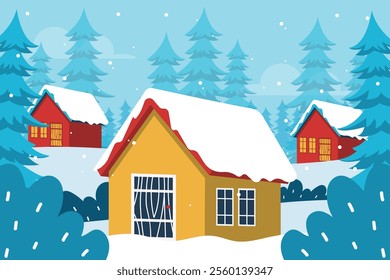 A snowy cabin scene with pine trees, soft snowflakes, and a serene winter sunset, creating a peaceful atmosphere