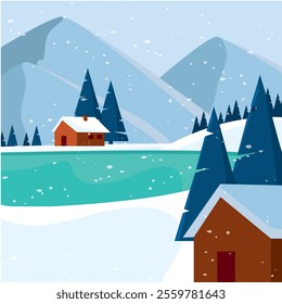 Snowy cabins by a frozen lake and pine forest Vector