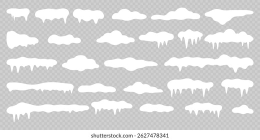 Snowy cape collection glows softly on clear layout. Icicle borders frame cheerful winter holiday scenes. Cartoon snowdrifts curve across transparent vector compositions. Frozen elements decorate