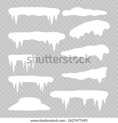 Snowy cape collection glows softly on clear layout. Icicle borders frame cheerful winter holiday scenes. Cartoon snowdrifts curve across transparent vector compositions. Frozen elements decorate