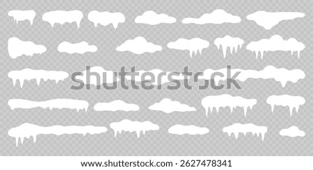 Snowy cape collection glows softly on clear layout. Icicle borders frame cheerful winter holiday scenes. Cartoon snowdrifts curve across transparent vector compositions. Frozen elements decorate