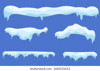 Snowy caps and snowdrift pile set on rooftop and blue background. Vector cartoon illustration with icy border, frost frame, falling snowflakes and cool winter elements for seasonal design.