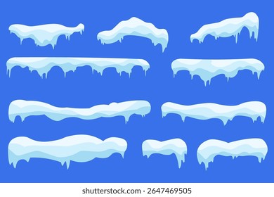 Snowy caps and snowdrift pile set on rooftop and blue background. Vector cartoon illustration with icy border, frost frame, falling snowflakes and cool winter elements for seasonal design.