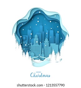 Snowy Chicago city. Merry Christmas paper art greeting card. Vector illustration.