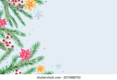 Snowy Christmas background with copy space and watercolor winter elements, vector illustration