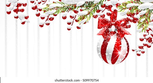 Snowy Christmas background with Fir Branches and Red Ball. Vector illustration