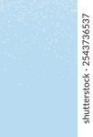 Snowy christmas background. Subtle flying snow flakes and stars on light blue winter backdrop. Delicate sweet snowy christmas. Vertical vector illustration.