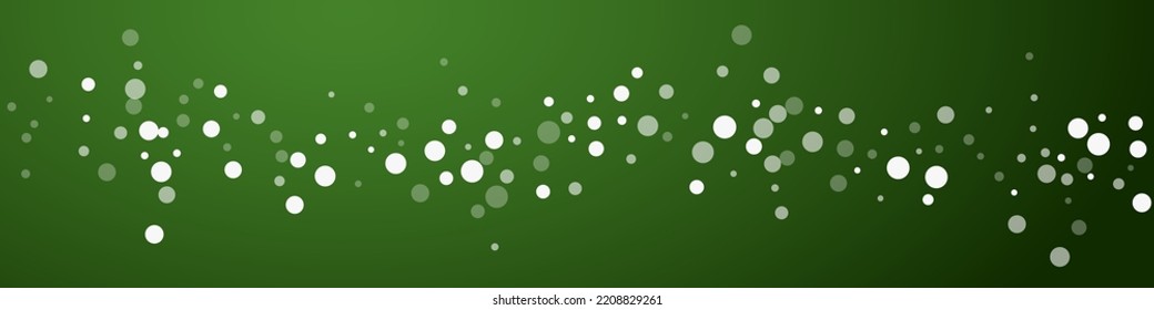 Snowy christmas background. Subtle flying snow flakes and stars on christmas green background. Delicate sweet snowy christmas. Panoramic vector illustration.