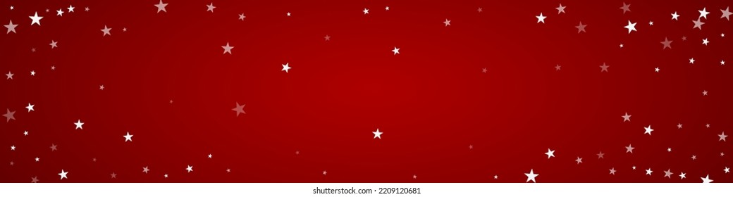 Fondo de navidad nevada. Sutiles copos de nieve volando y estrellas de fondo rojo navideño. Delicadas navidades nevadas dulces. Ilustración de vector panorámica.