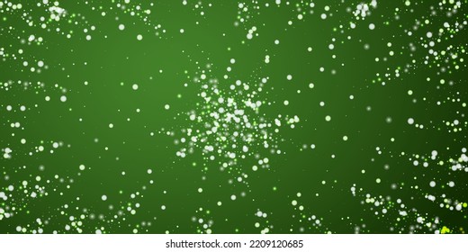 Snowy christmas background. Subtle flying snow flakes and stars on christmas green background. Delicate sweet snowy christmas. Wide vector illustration.