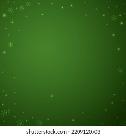 Snowy christmas background. Subtle flying snow flakes and stars on christmas green background. Delicate sweet snowy christmas. Square vector illustration.
